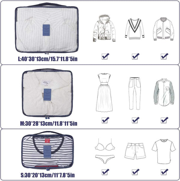 Cubos de Empaque para Viaje – Kit Organizador 6 en 1 (Azul Marino)